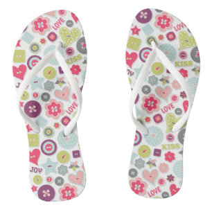 Love Cute Colorful Heart Buttons Valentine's Day Flip Flops