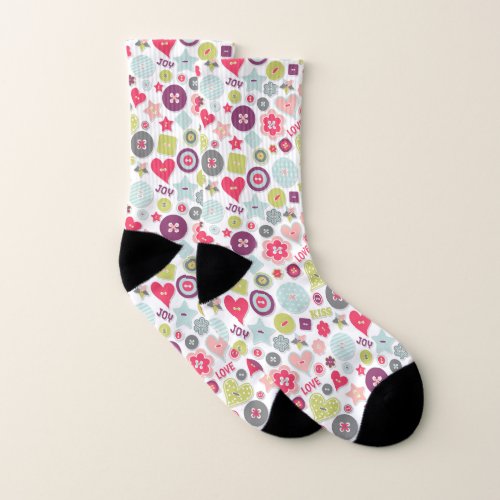 Love Cute Colorful Heart Buttons Valentines Day Socks