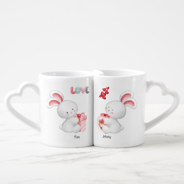 Love Cute Couple Bunny Rabbit Personalized Name Coffee Mug Set (Front Nesting)