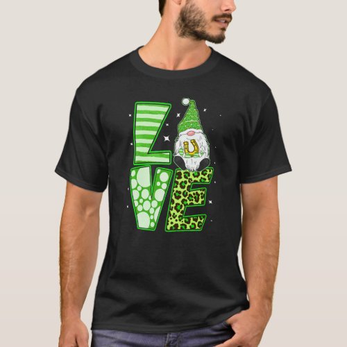 Love Cute Gnome Holding Horseshoe Shamrock Leopard T-Shirt