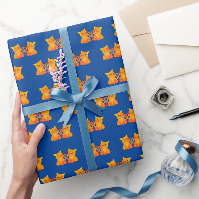 Love Cute Orange Kittens On Blue Background Wrapping Paper (Gifting)