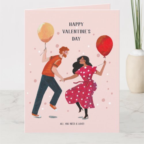 Love cute pink  red dancing people valentine  card