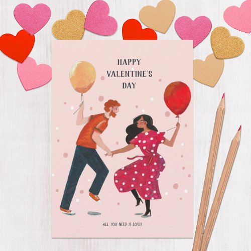 Love cute pink romance dancing people valentines card