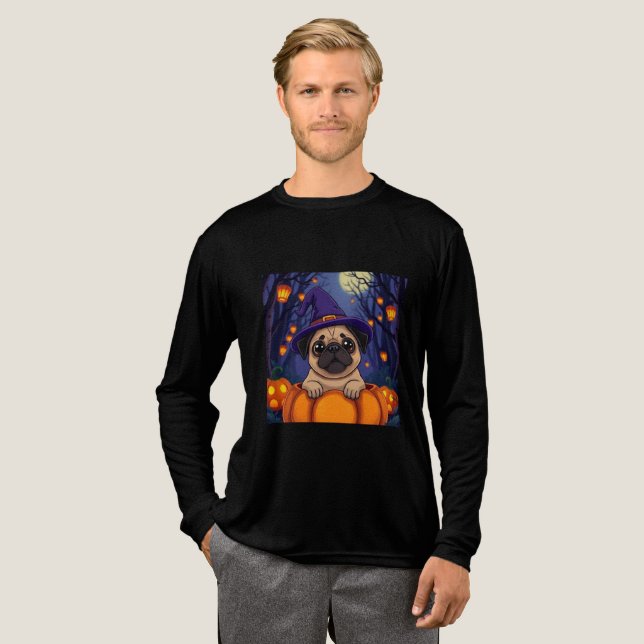 Love Cute Pugs? Cuddle Into the Halloween Pumpkin! Tri-Blend Shirt (Full Front)