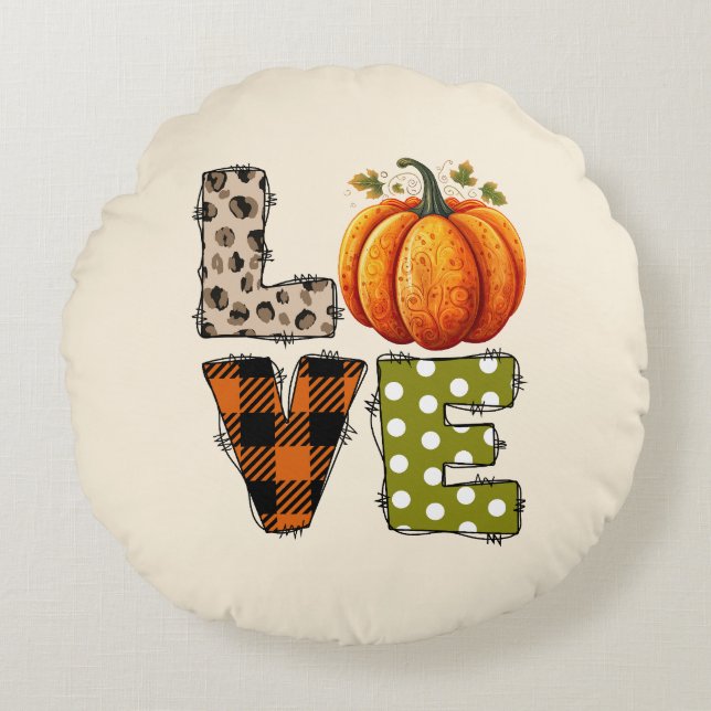 LOVE – Cute Pumpkin & Polka Dot Letters Round Pillow (Front)