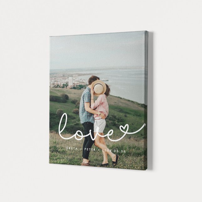 Love cute whimsical script couple photo canvas print (Creator Uploaded)