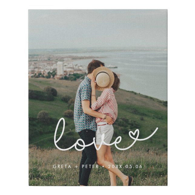 Love cute whimsical script couple photo faux canvas print (Front)