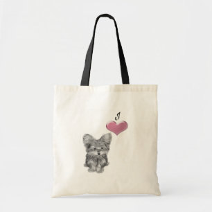 Love Cute Yorkie Dog Art with 3D Heart Tote Bag