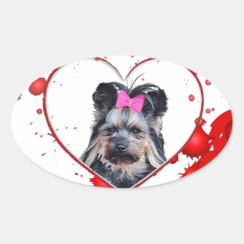 Love Cute Yorkies Yorkshire Terrier Red Heart Oval Sticker
