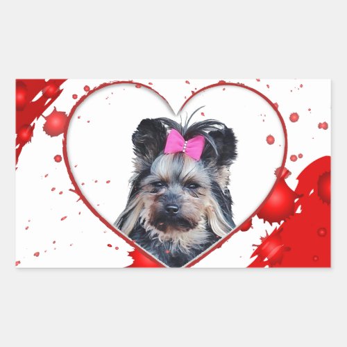 Love Cute Yorkies Yorkshire Terrier Red Heart Rectangular Sticker