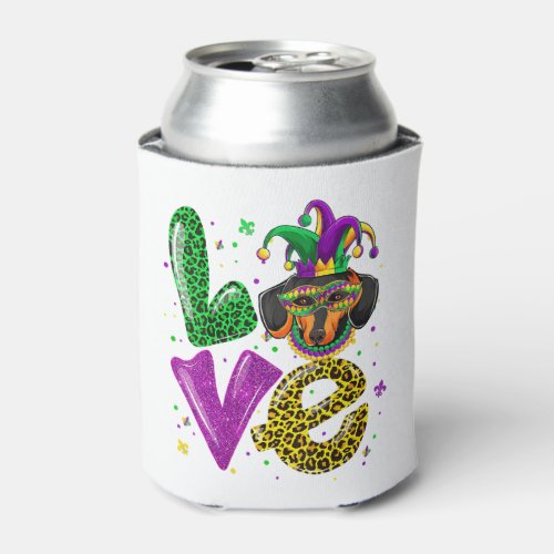 LOVE Dachshund Dog Mask Plaid Leopard Mardi Gras Can Cooler