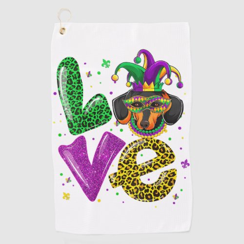 LOVE Dachshund Dog Mask Plaid Leopard Mardi Gras Golf Towel