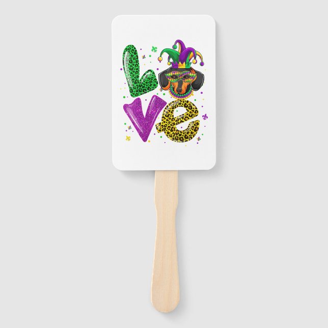 LOVE Dachshund Dog Mask Plaid Leopard Mardi Gras Hand Fan (Front)