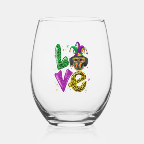 LOVE Dachshund Dog Mask Plaid Leopard Mardi Gras Stemless Wine Glass