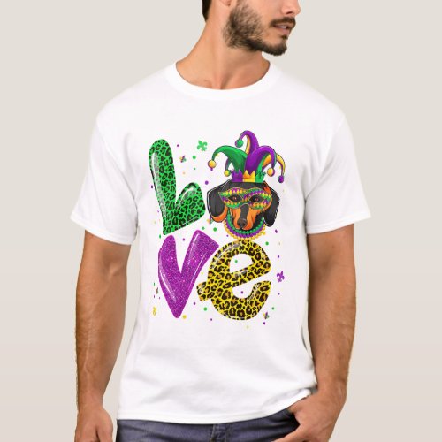LOVE Dachshund Dog Mask Plaid Leopard Mardi Gras T_Shirt