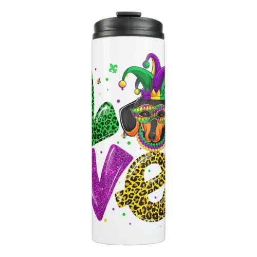 LOVE Dachshund Dog Mask Plaid Leopard Mardi Gras Thermal Tumbler