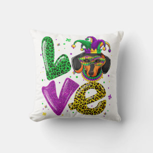 LOVE Dachshund Dog Mask Plaid Leopard Mardi Gras Throw Pillow