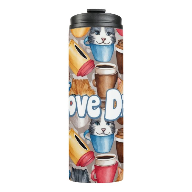 "Love Dad" Playful Cats and Coffee Pattern Thermal Tumbler (Front)