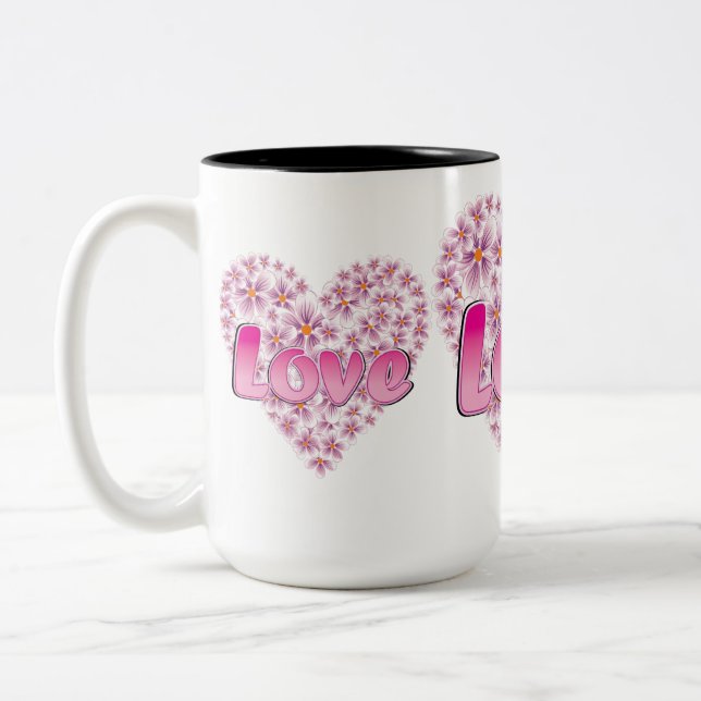 Love Daisy Heart Pink Two-Tone Coffee Mug (Left)