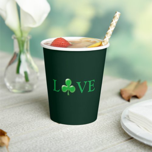 Love dark Green Irish Shamrock St Patricks Day Paper Cups