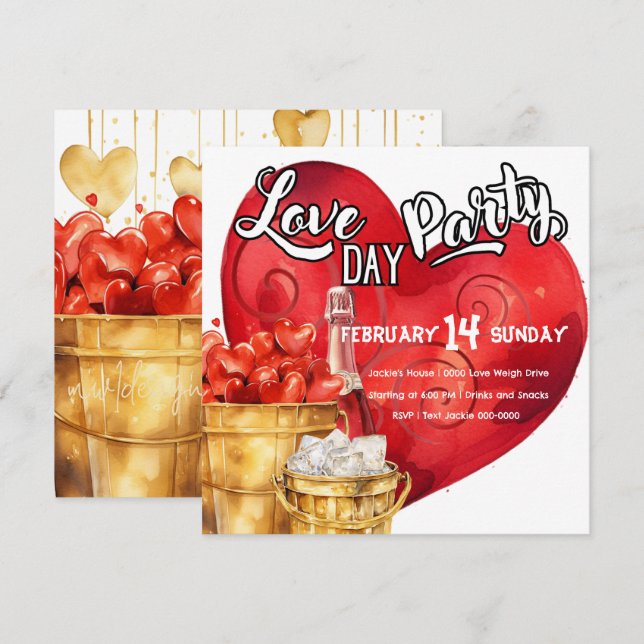 Love Day Heart With Bucket of Hearts Party Invitation (Front/Back)