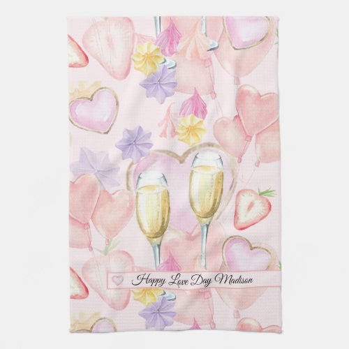 Love Day Watercolor Hearts and Sweets Pattern Kitchen Towel