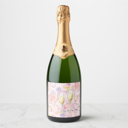 Love Day Watercolor Hearts and Sweets Pattern Sparkling Wine Label