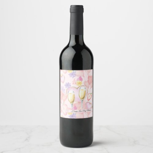 Love Day Watercolor Hearts and Sweets Pattern Wine Label