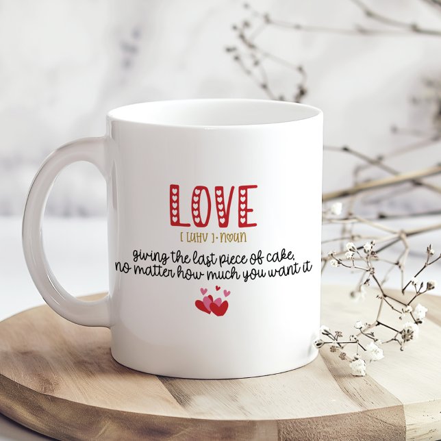LOVE definition & Custom Heart Shape Photo Coffee Mug (LOVE definition & Custom Heart Shape Photo Coffee Mug on a boho kitchen table with tiny flowers)