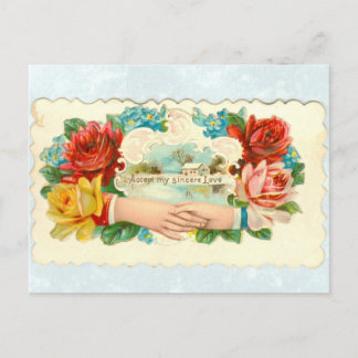 Love die-cut with hands & roses postcard