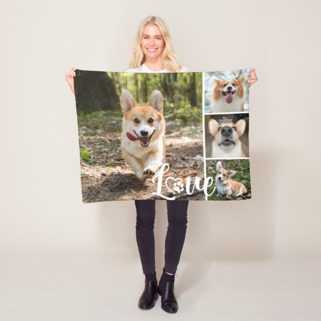 LOVE Dog 4 Photo Collage Paw Print Heart Fleece Blanket (In Situ)