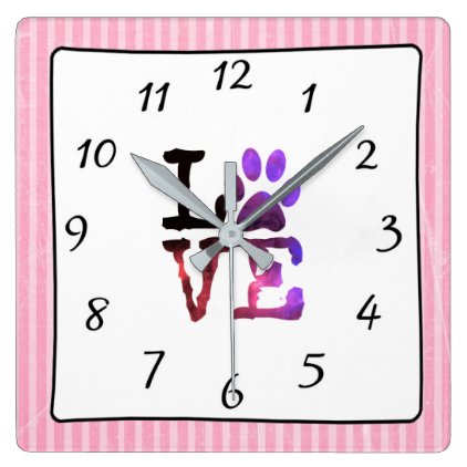 LOVE Dog or Cat Paw Print Pink and Purple Clock