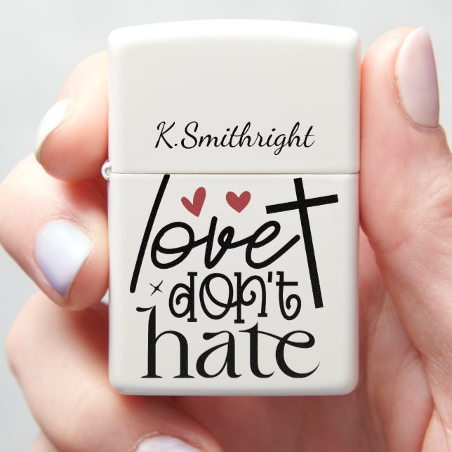 Love Don't Hate Cross Hearts Tee Zippo Lighter (In Hand)