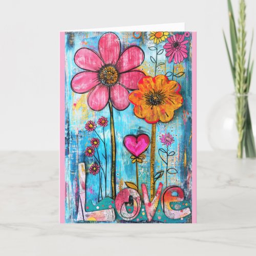 *~**~ LOVE Doodle Art Colorful Whimsical Flower Thank You Card