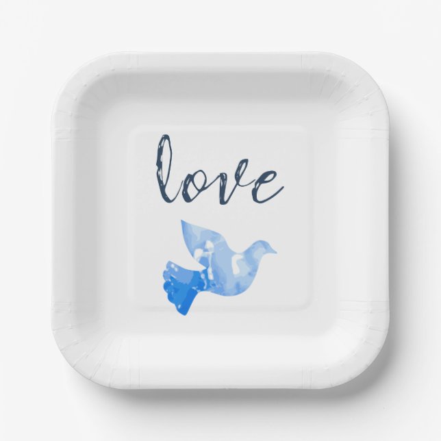 Love Dove Party Plate Sky Blue Watercolor Design (Front)