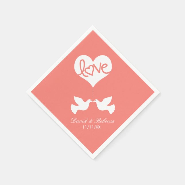 Love Doves - Coral Pink Paper Napkins (Corner)