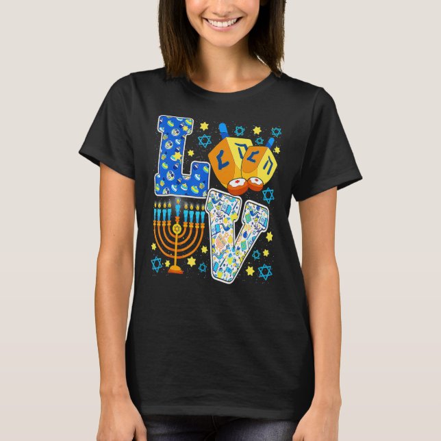 LOVE Dreidel Menorah Chanukah Cute Hanukkah Pajama T-Shirt (Front)