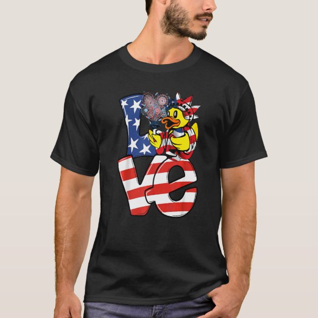 Love Duck Patriotic American Flag Cute Duck 4th Of T-Shirt (Front)