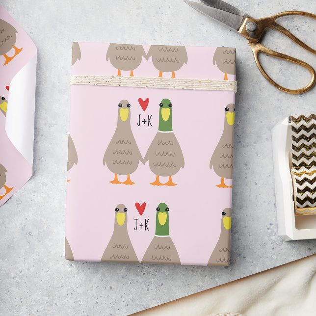 Love Ducks Valentine's Day Custom Initials Wrapping Paper (Creator Uploaded)