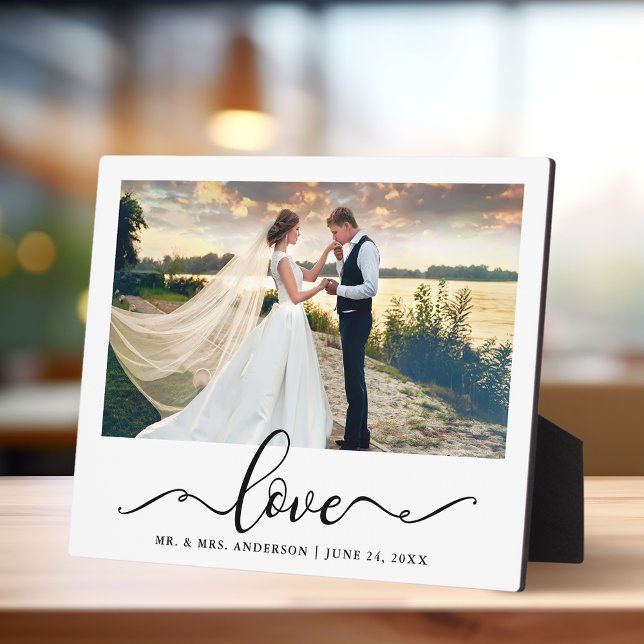 Love Elegant Black Script Wedding Photo Plaque (Customize to change your personalized text size.)