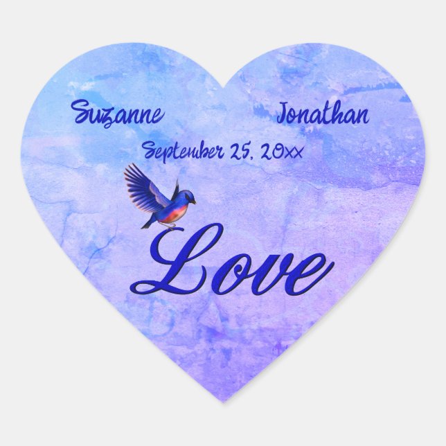 Love Elegant Bluebird Personalized Wedding Heart Sticker (Front)