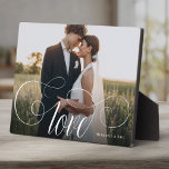 LOVE Elegant Calligraphy Couple Photo Wedding Plaque<br><div class="desc">Elegant wedding keepsake for Newlyweds,  Valentine's Day,  engagement,  showcasing your favorite couple photo with modern script calligraphy reading LOVE over your custom text like names and / or date or a personal message over a dark gradient to make the typography stand out.</div>