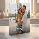 LOVE Elegant Calligraphy Simple Couple Wedding Photo Block<br><div class="desc">Sweet and simple wedding keepsake for Newlyweds,  Valentine's Day,  engagement,  showcasing your favorite couple photo with modern script calligraphy reading LOVE over your custom text like names and / or date or a personal message over a dark gradient to make the typography stand out.</div>
