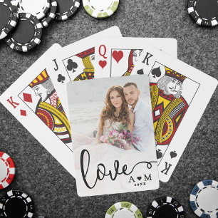 Love Elegant Script Couple Photo Poker Cards