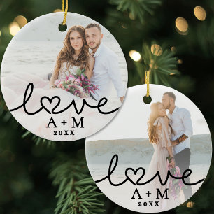 Love Elegant Script Heart Two Photo Ceramic Ornament