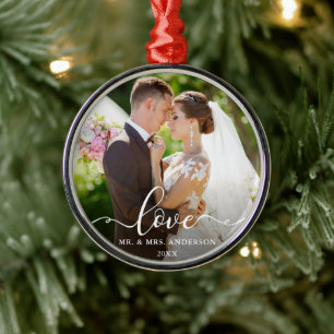 Love Elegant Script Mr. and Mrs. Wedding Photo Metal Ornament
