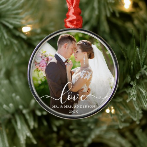 Love Elegant Script  Mr. and Mrs. Wedding Photo Metal Ornament