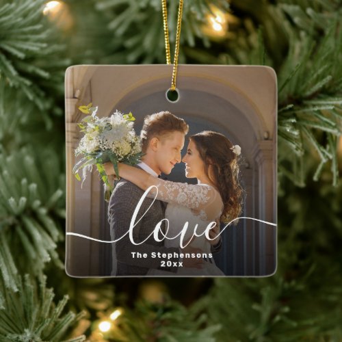 Love Elegant Script Overlay Double Sided Photo Ceramic Ornament