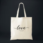 "Love" Elegant Script type, Wedding Tote Bag<br><div class="desc">Celebrate your special day with our "Timeless Love - Elegant Script Wedding Tote Bag." This beautifully designed tote bag features the word "Love" in a stunning and elegant script, perfect for embodying the romance and elegance of your wedding. Personalize this tote bag with your names and wedding date, making it...</div>