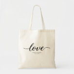 "Love" Elegant Script type, Wedding Tote Bag<br><div class="desc">Celebrate your special day with our "Timeless Love - Elegant Script Wedding Tote Bag." This beautifully designed tote bag features the word "Love" in a stunning and elegant script, perfect for embodying the romance and elegance of your wedding. Personalize this tote bag with your names and wedding date, making it...</div>